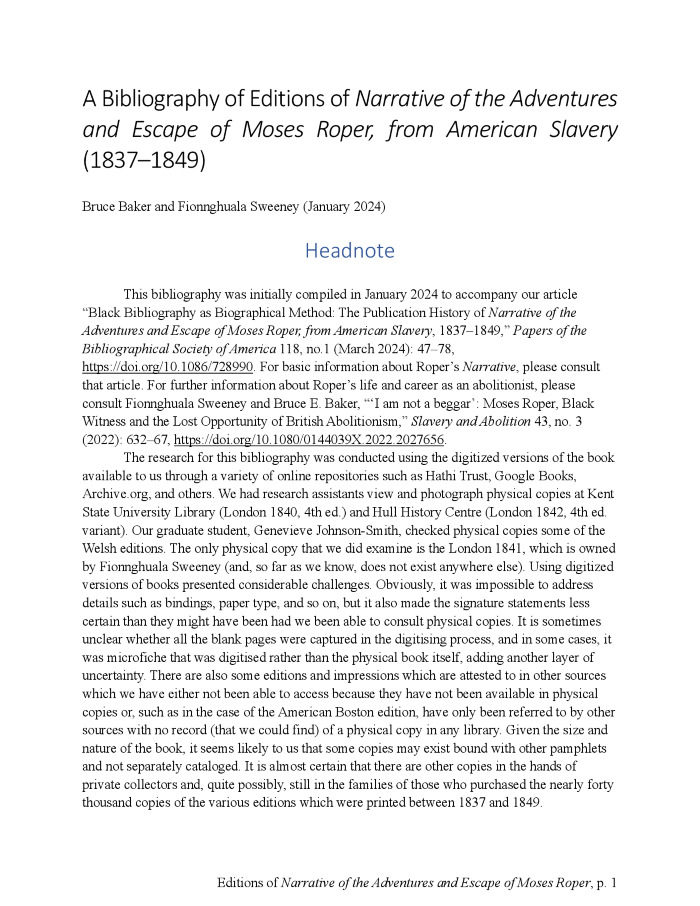 A Bibliography of Editions of Narrative of the Adventures and Escape of Moses Roper, from American Slavery (1837-1849)