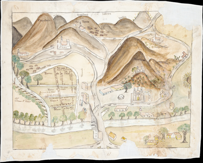 Montes de Oca, J. (cartographer / cartógrafo). <em>Mapa de Cerro del Tepeyac, sitio de el milagro de la Virgen de Guadalupe.</em> University of Texas Libraries Collections. ca. 1720s.