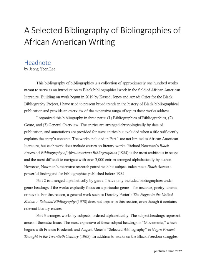 A Selected Bibliography of Bibliographies of African American Writing