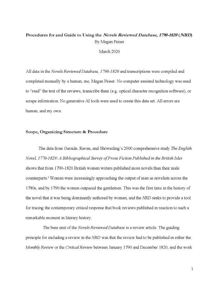 Novels Reviewed Database, 1790-1820