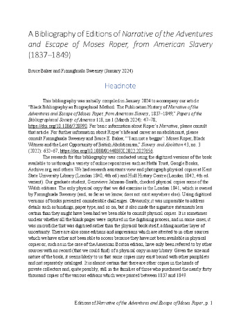 A Bibliography of Editions of Narrative of the Adventures and Escape of Moses Roper, from American Slavery (1837-1849)